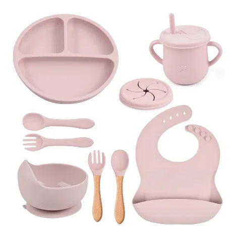 Conjunto de Alimentação em Silicone 8 Peças – Prato, Tigela, Copo e Talheres para Bebê